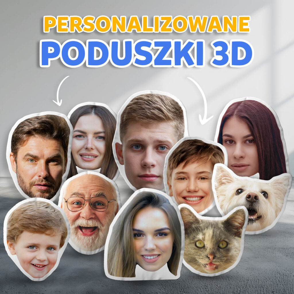 Personalizowane poduszki 3D z twarzami kolaż kilku przykładowych poduszek z twarzami ludzi i zwierząt.