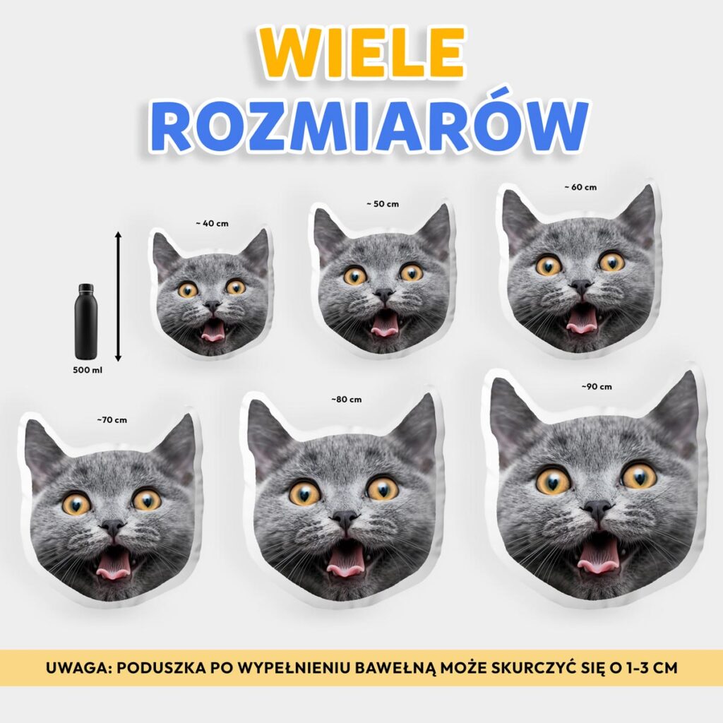 Wiele rozmiarów (poduszka z kotem) – porównanie poduszek 3D z pyszczkiem kota w rozmiarach od ~40 cm do ~90 cm (obok butelki 500 ml dla skali)