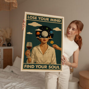 Plakat vintage Lose Your Mind Find Your Soul – z kobietą i planetami