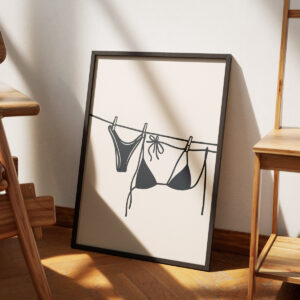 Plakat z grafiką bikini wiszącego na sznurku w minimalistycznym stylu