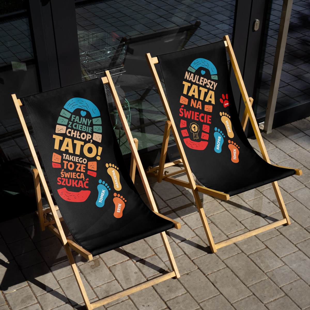 Leżak personalizowany z napisem „Najlepszy Tata na Świecie” oraz imionami dzieci – kolorowy nadruk, idealny prezent na Dzień Ojca