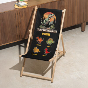 Personalizowany leżak Tatozaurus z imieniem Taty i kolorowymi postaciami dinozaurów symbolizującymi dzieci – idealny prezent na Dzień Ojca