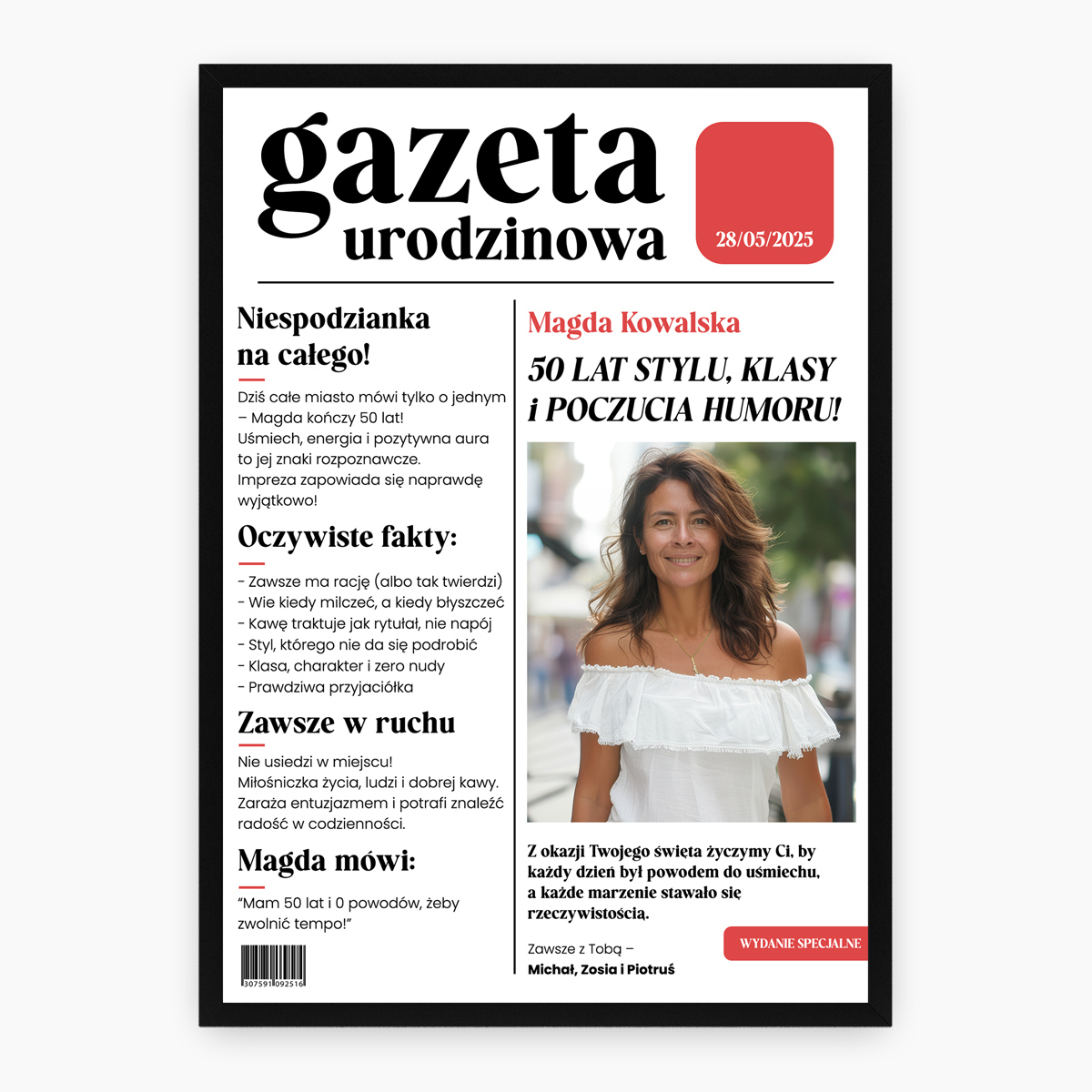 Personalizowany plakat w stylu gazety urodzinowej z własnym zdjęciem i tekstem – idealny prezent na urodziny.