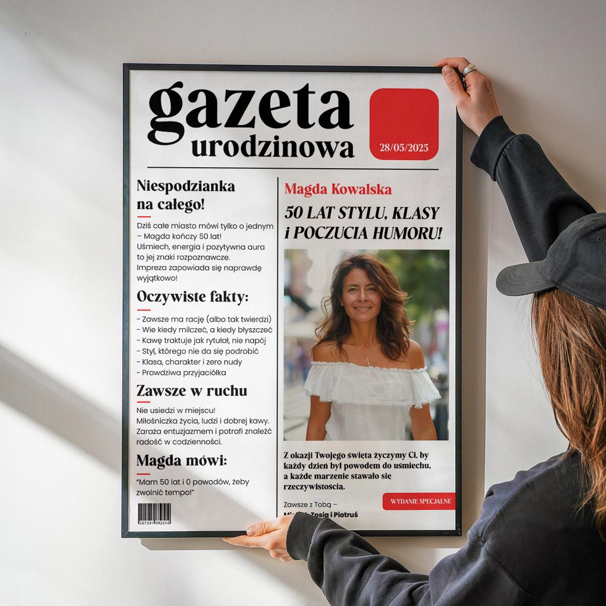 Personalizowany plakat w stylu gazety urodzinowej z własnym zdjęciem i tekstem – idealny prezent na urodziny.