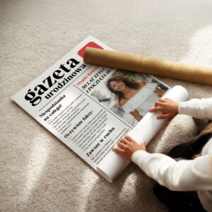 Personalizowany plakat w stylu gazety urodzinowej z własnym zdjęciem i tekstem – idealny prezent na urodziny.