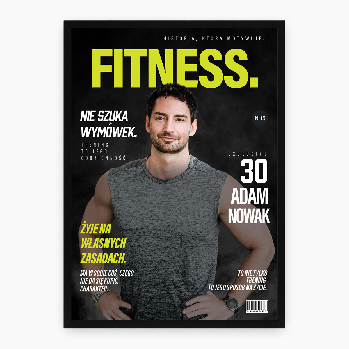 Personalizowany plakat Fitness z Twoim zdjęciem, motywacyjnymi hasłami i designem magazynu sportowego
