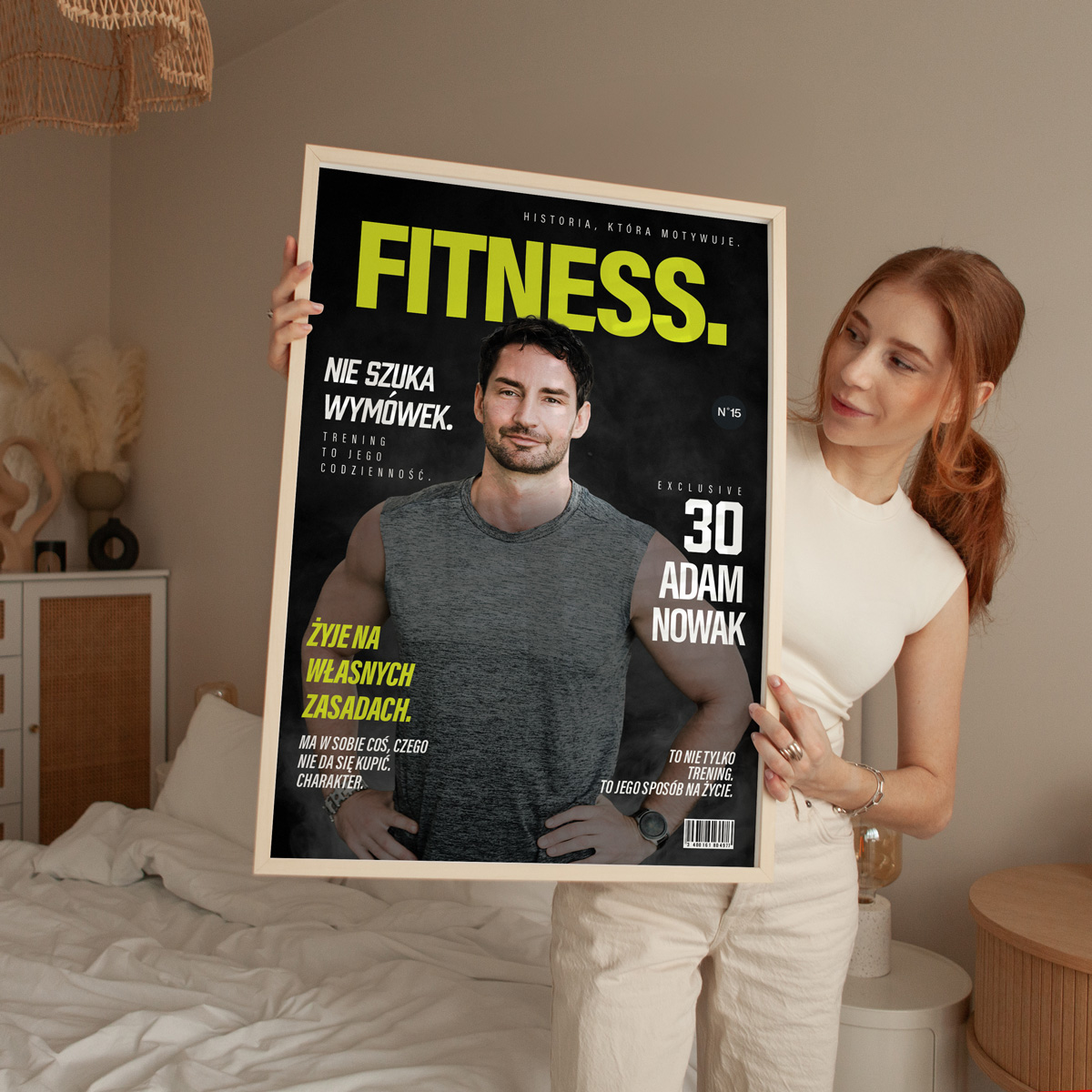 Personalizowany plakat Fitness z Twoim zdjęciem, motywacyjnymi hasłami i designem magazynu sportowego