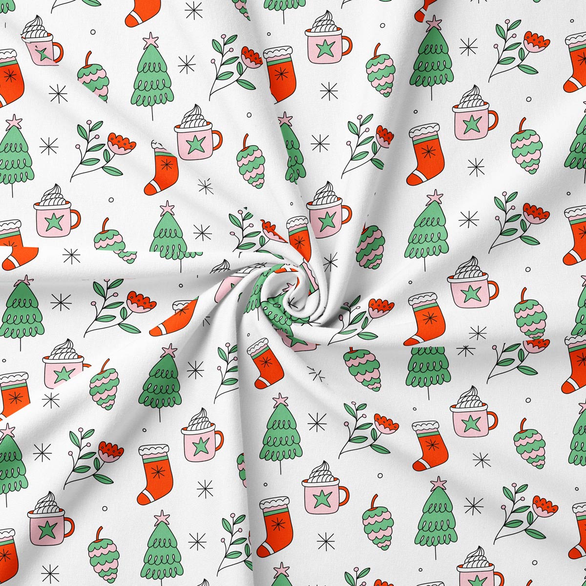 obrus biały z motywem choinek i kubków na stole w jasnym wnętrzu