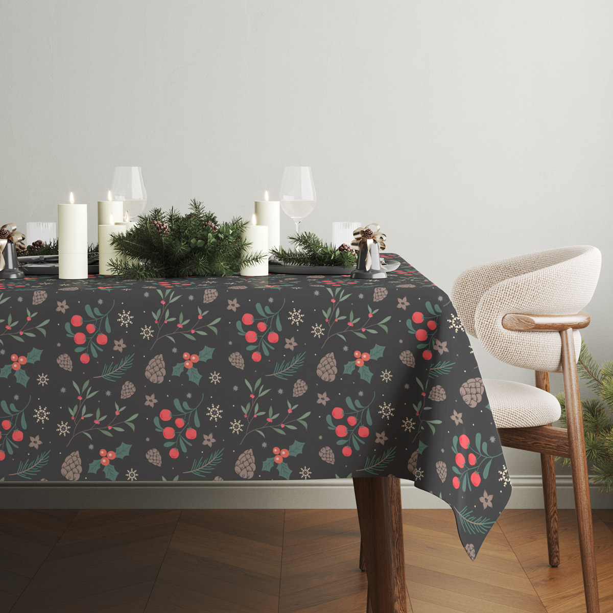 Obrus z gałązkami i szyszkami