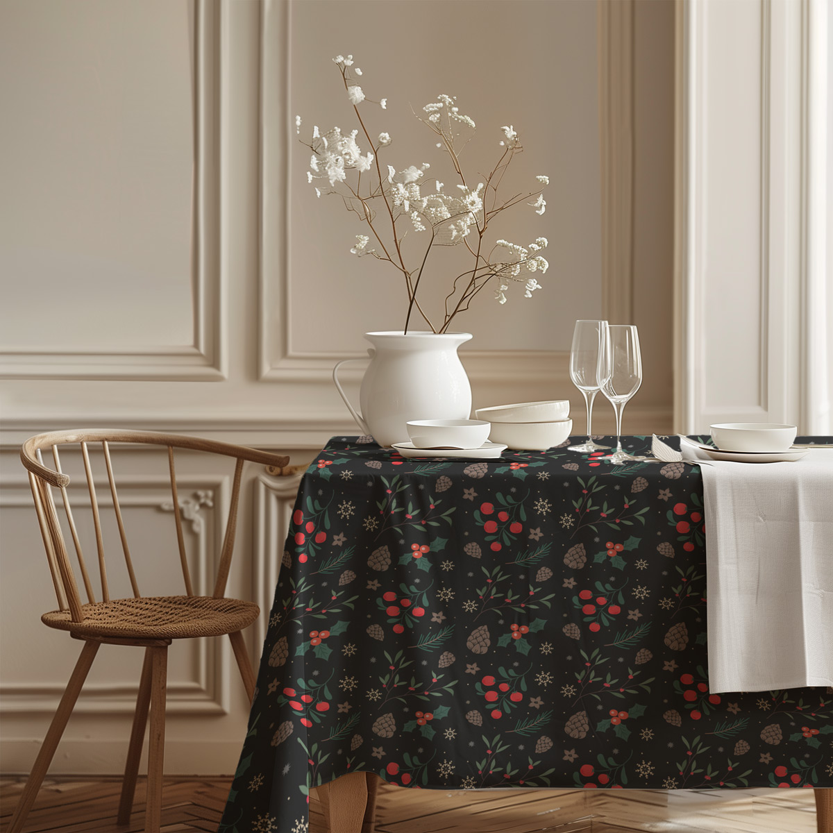 Obrus z gałązkami i szyszkami