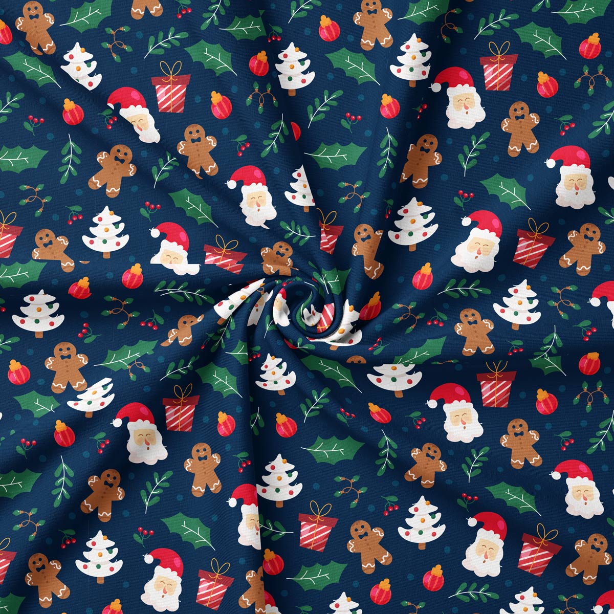 obrus świąteczny granatowy z Mikołajem piernikami i ozdobami zimowy klimat