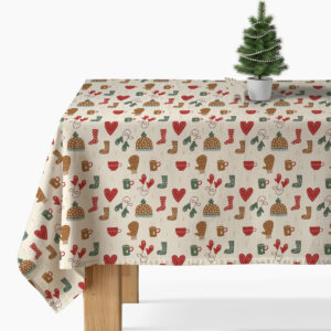 obrus świąteczny kremowy skandynawski wzór na stole z choinką