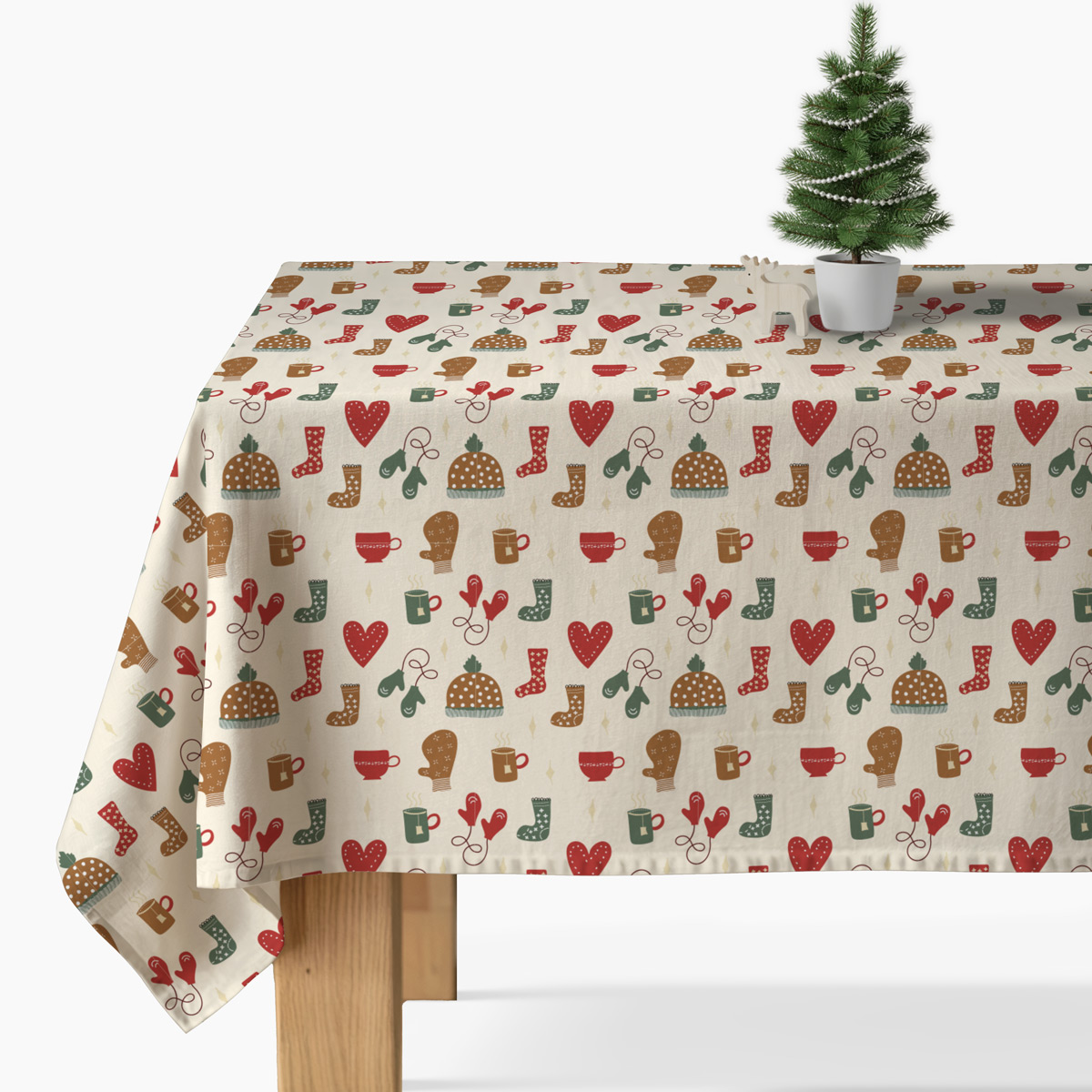 obrus świąteczny kremowy skandynawski wzór na stole z choinką
