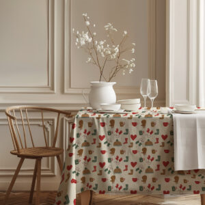 obrus świąteczny aranżacja stołu jadalnianego eukaliptus talerze świece