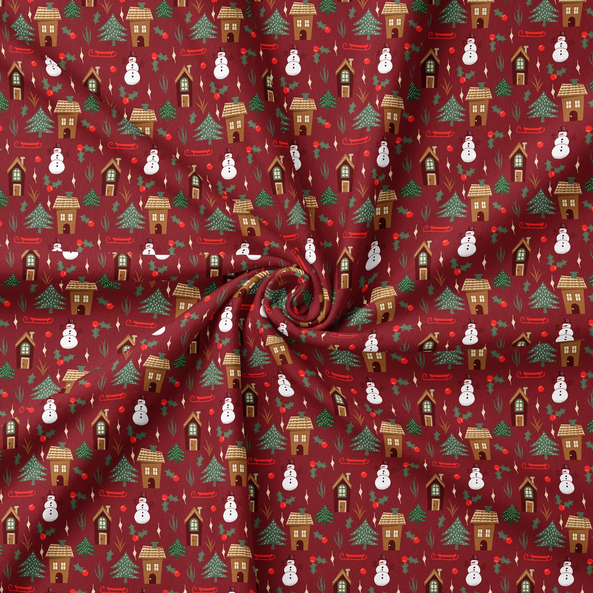 obrus świąteczny czerwony z bałwankami i choinkami zbliżenie tkaniny