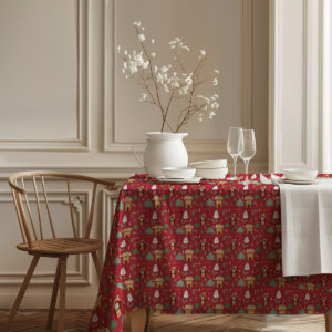 obrus świąteczny czerwony z bałwankami na stole z mini choinką