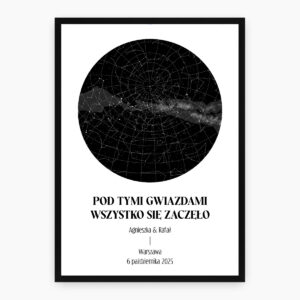 Personalizowany plakat mapa gwiazd przedstawiający realistyczny układ konstelacji z wybranego dnia i miejsca – elegancki prezent pamiątkowy