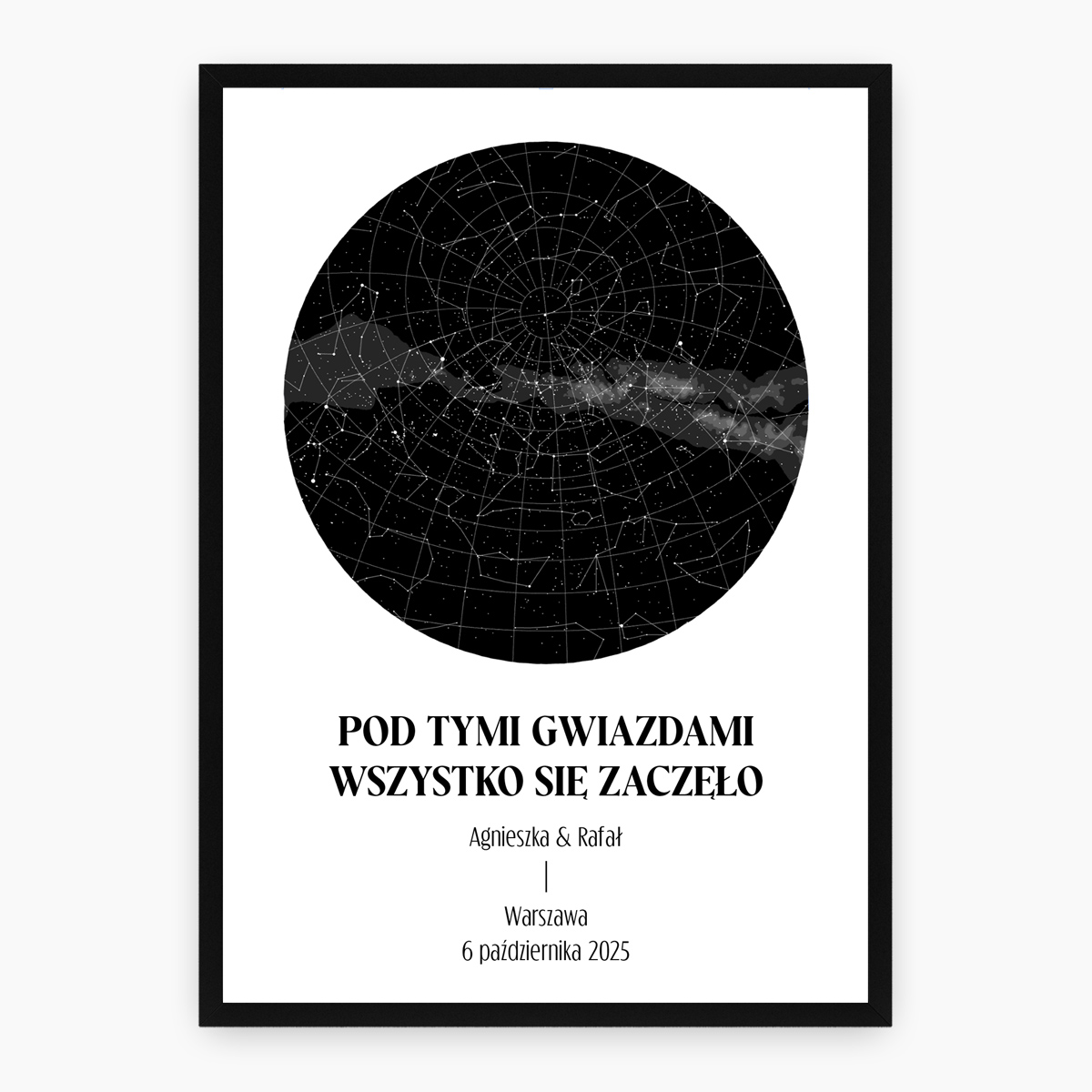 Personalizowany plakat mapa gwiazd przedstawiający realistyczny układ konstelacji z wybranego dnia i miejsca – elegancki prezent pamiątkowy