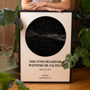 Personalizowany plakat mapa gwiazd przedstawiający realistyczny układ konstelacji z wybranego dnia i miejsca – elegancki prezent pamiątkowy