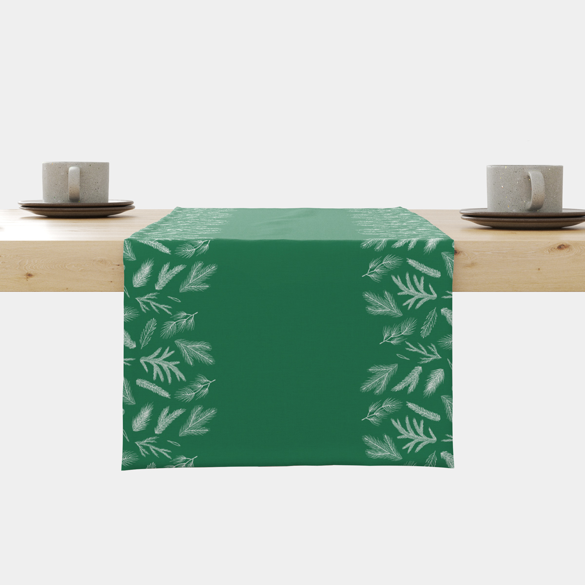 świąteczny bieżnik butelkowa zieleń z białymi gałązkami iglastymi aranżacja stołu