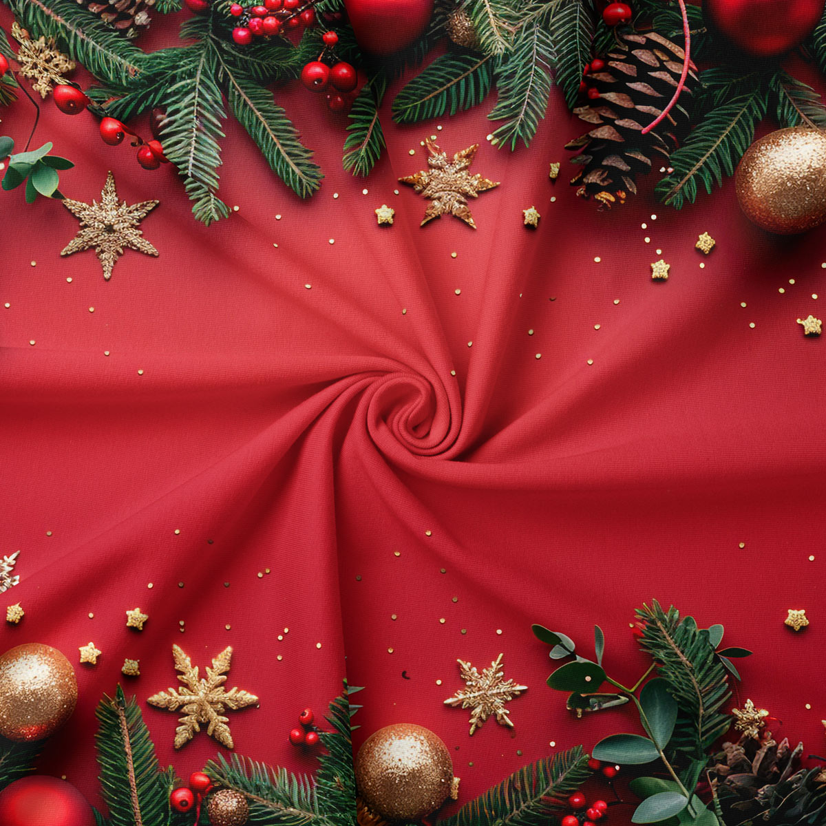 tkanina świąteczna czerwona z wzorem bombek i igliwia