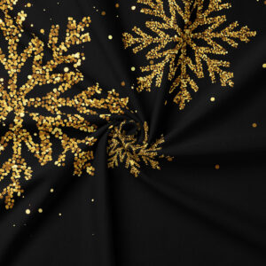 tkanina czarna z dekoracyjnymi złotymi śnieżynkami