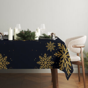 czarny obrus glamour z złotymi śnieżynkami