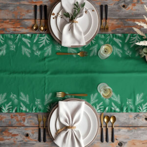 bieżnik świąteczny butelkowa zieleń z motywem iglastych gałązek na stole