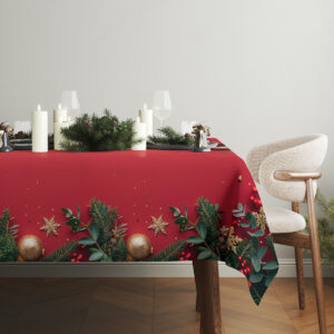 tkanina świąteczna czerwona z wzorem bombek i igliwia
