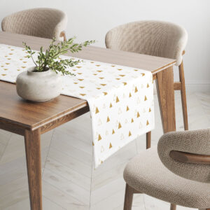 elegancki bieżnik świąteczny biały ze złotymi choinkami w stylu geometrycznym