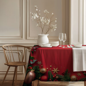 świąteczny obrus na stół – czerwony z gałązkami i złotymi ozdobami