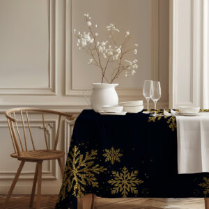 czarny obrus glamour z złotymi śnieżynkami