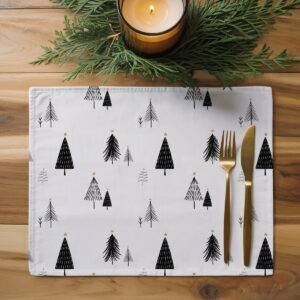 podkładka świąteczna biała z czarnym motywem choinek na drewnianym stole