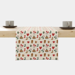 bieżnik skandynawski kremowy z motywem rękawiczek i serc