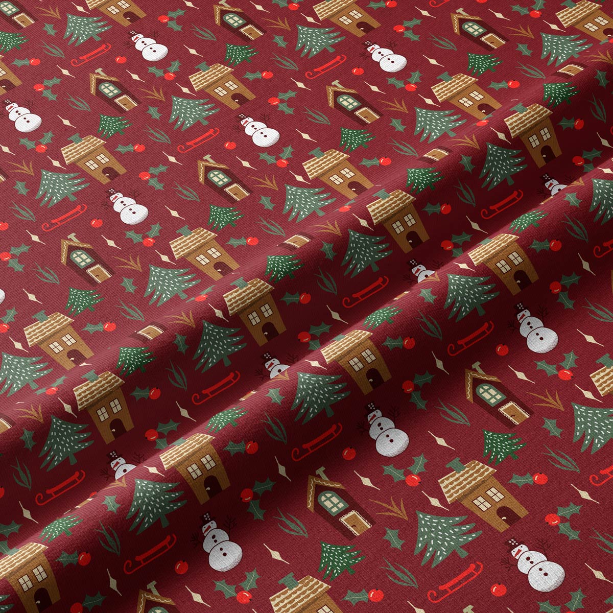 tkanina świąteczna z wzorem bałwanków, sanek i domków