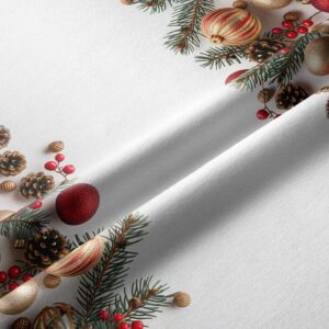 świąteczny bieżnik z motywem bombek, szyszek i zielonych gałązek