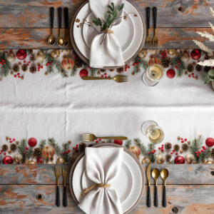 dekoracja stołu ze świątecznym bieżnikiem w czerwono-złotej kolorystyce