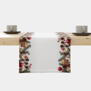 bieżnik świąteczny biały z czerwono-złotymi bombkami i szyszkami