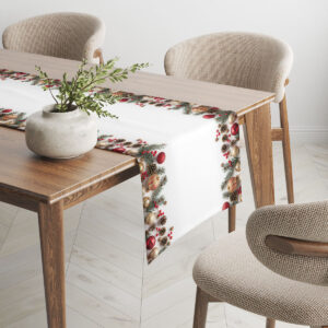 aranżacja świąteczna z białym bieżnikiem i czerwono-złotymi ozdobami