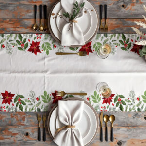 dekoracja stołu z białym świątecznym bieżnikiem w czerwone kwiaty