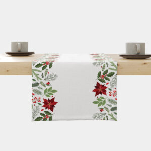 bieżnik świąteczny biały z gwiazdą betlejemską i zielonymi gałązkami