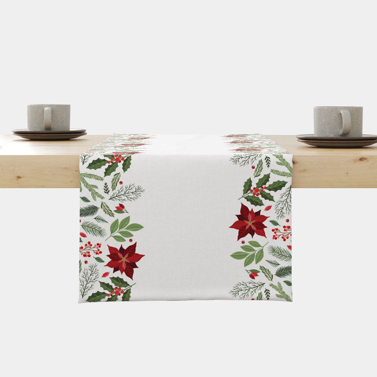 bieżnik świąteczny biały z gwiazdą betlejemską i zielonymi gałązkami