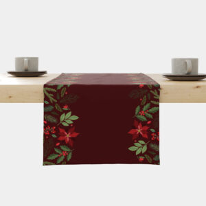 bieżnik świąteczny bordowy z gwiazdą betlejemską i zielonymi gałązkami