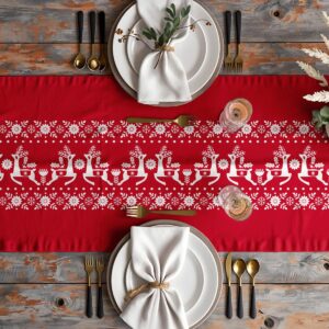 świąteczna dekoracja stołu z czerwonym bieżnikiem i reniferami