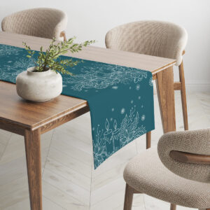 aranżacja wnętrza z bieżnikiem świątecznym w kolorze morskim