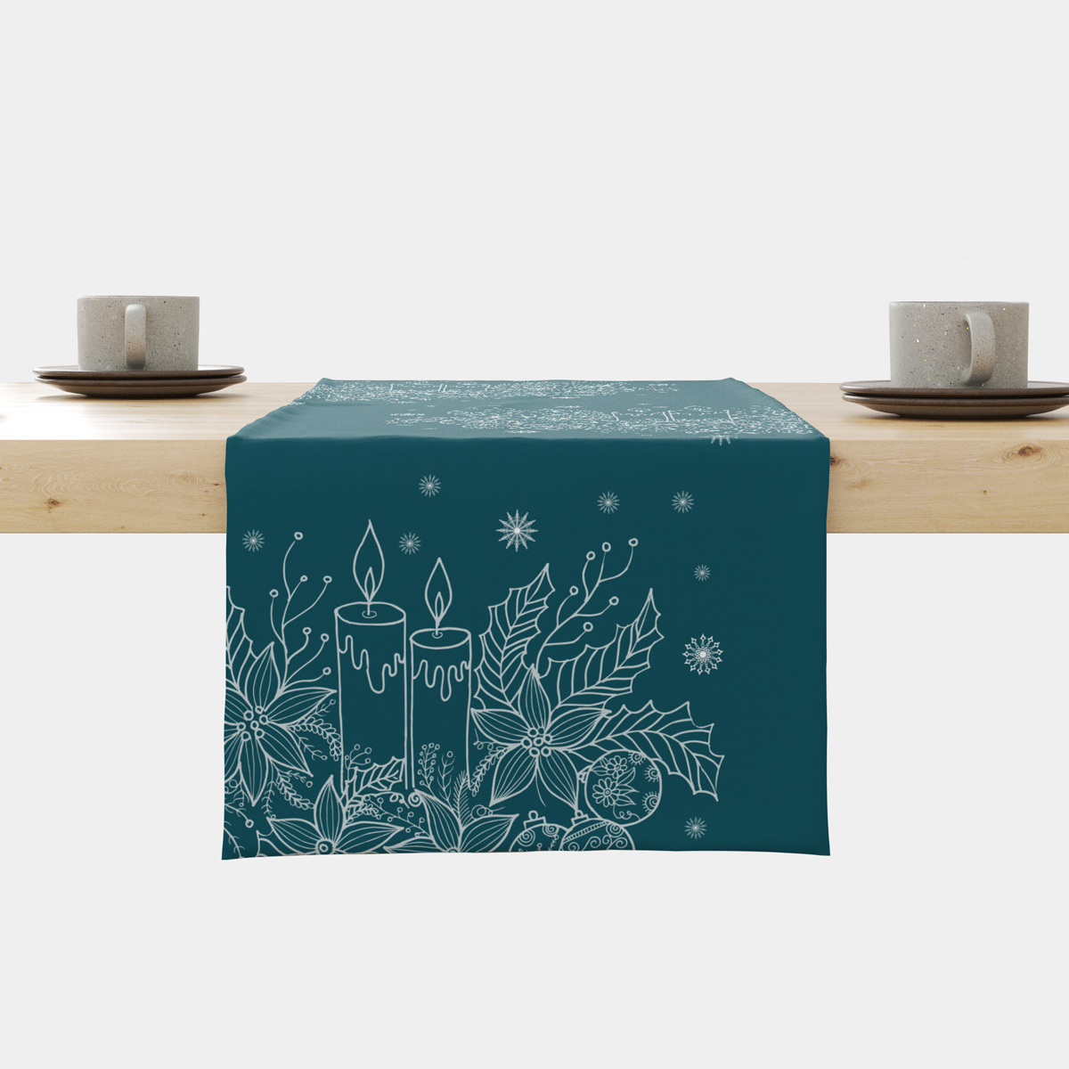 bieżnik świąteczny morski z motywem świec i zimowych liści