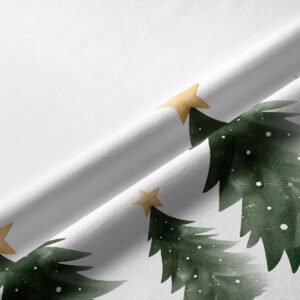 tkanina z akwarelowym wzorem choinek i złotych gwiazdek