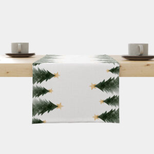 bieżnik świąteczny biały z choinkami i złotymi gwiazdami