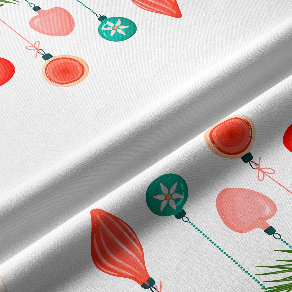 tkanina bieżnika z wzorem bombek i gałązek świątecznych