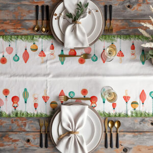 dekoracja stołu z białym bieżnikiem świątecznym i pastelowymi bombkami